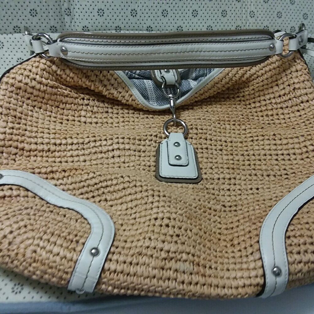 Coach Natural Straw White Dogleash Large Hobo Bag